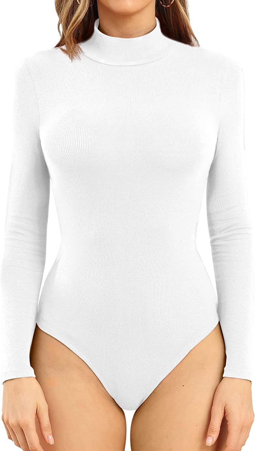 Womens Ribbed Sleeveless Long Sleeve Mock Turtle Neck Sexy Daily Stretchy Slim Fit Tops Bodysuit 02 White / X-Large