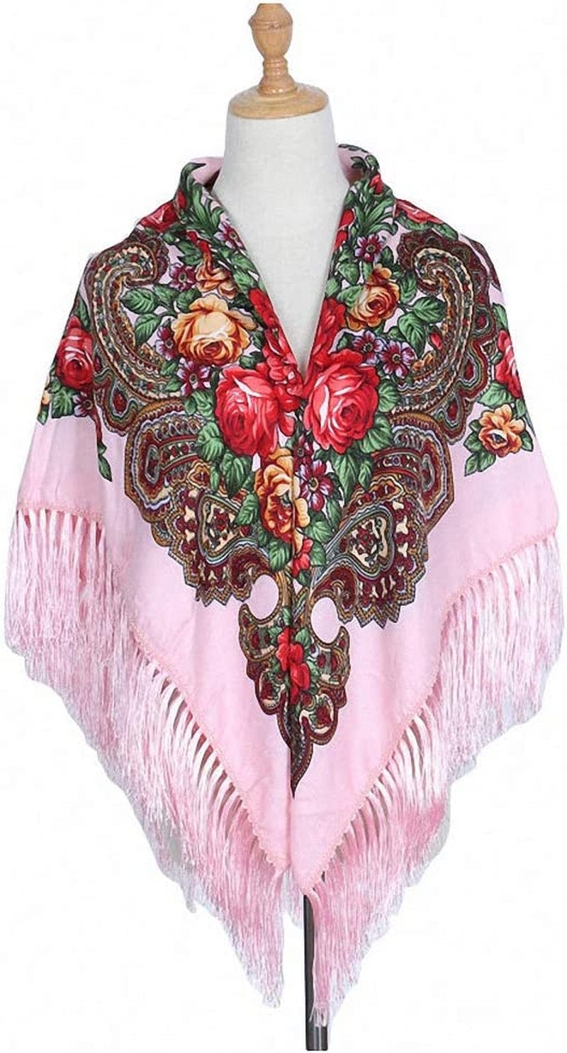 Womens Scarves Russian Big Size Square Cotton Long Tassel Print Shawl Apparel & Accessories > Clothing Accessories > Scarves & Shawls Tinpia Pink 135cmX135cm