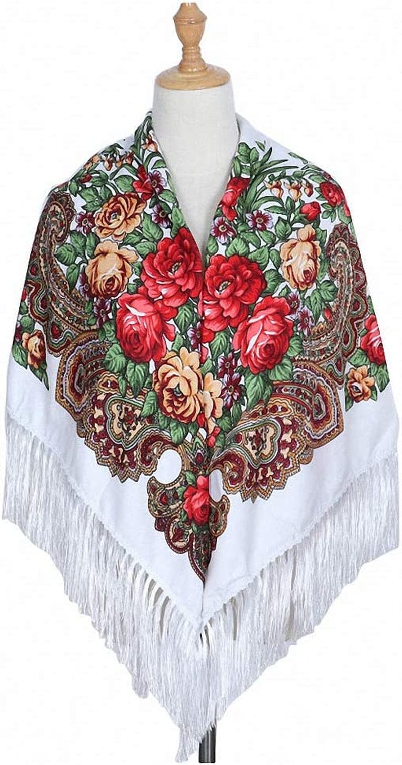 Womens Scarves Russian Big Size Square Cotton Long Tassel Print Shawl Apparel & Accessories > Clothing Accessories > Scarves & Shawls Tinpia White 135cmX135cm