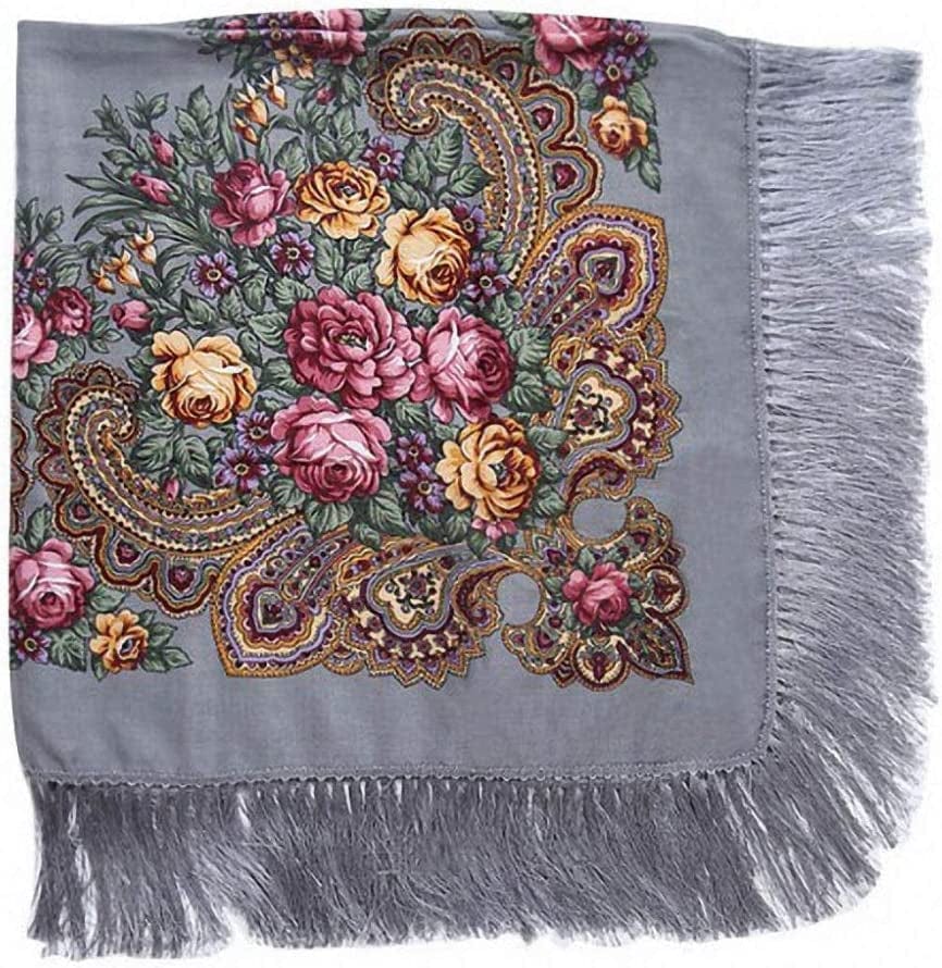 Womens Scarves Russian Big Size Square Cotton Long Tassel Print Shawl Apparel & Accessories > Clothing Accessories > Scarves & Shawls Tinpia Gray 135cmX135cm
