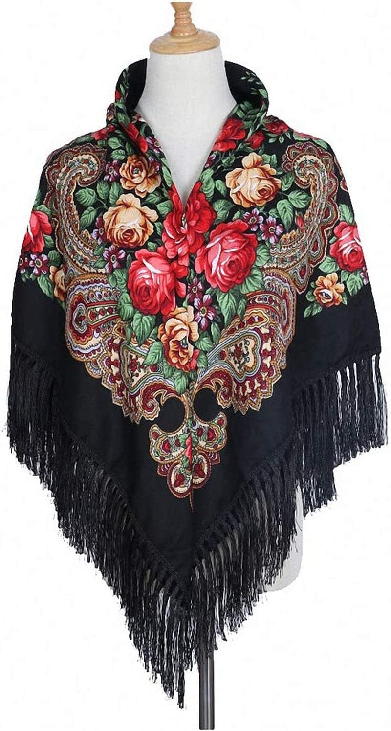 Womens Scarves Russian Big Size Square Cotton Long Tassel Print Shawl Apparel & Accessories > Clothing Accessories > Scarves & Shawls Tinpia Black 135cmX135cm