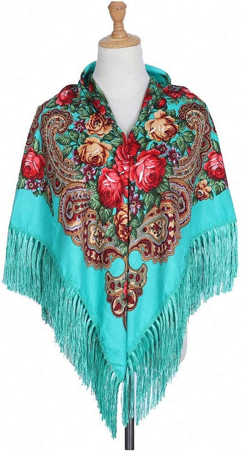 Womens Scarves Russian Big Size Square Cotton Long Tassel Print Shawl Apparel & Accessories > Clothing Accessories > Scarves & Shawls Tinpia Green 135cmX135cm