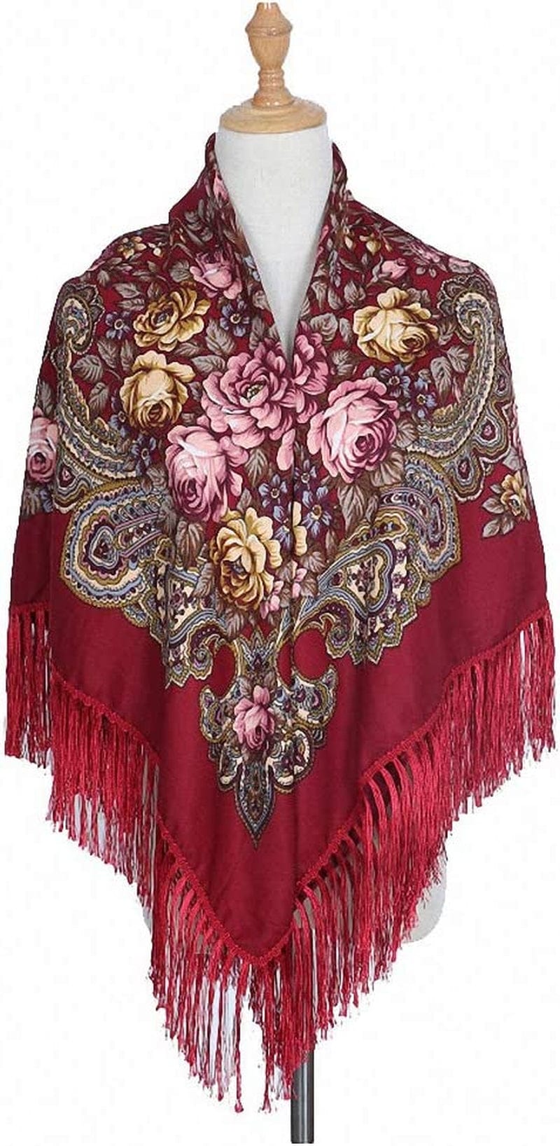 Womens Scarves Russian Big Size Square Cotton Long Tassel Print Shawl Apparel & Accessories > Clothing Accessories > Scarves & Shawls Tinpia Red Wine 135cmX135cm