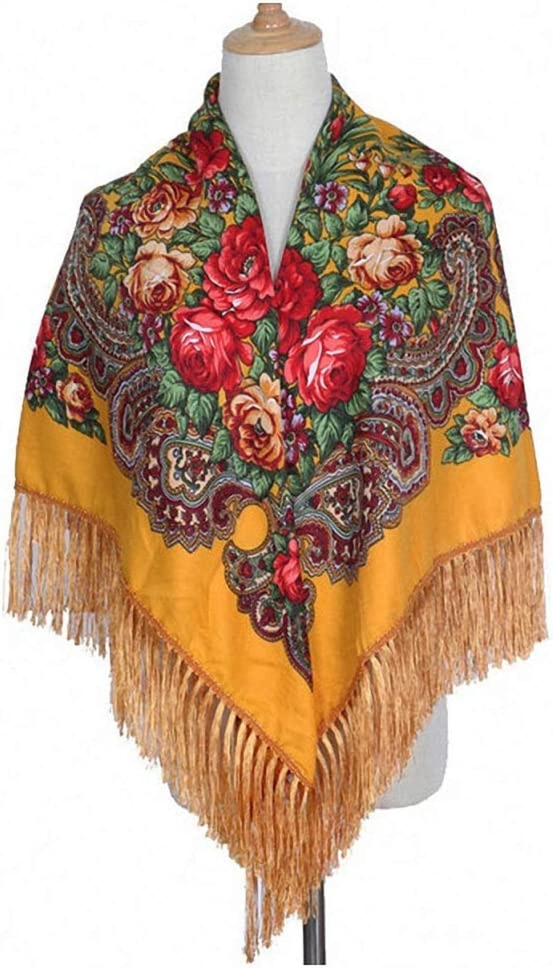 Womens Scarves Russian Big Size Square Cotton Long Tassel Print Shawl Apparel & Accessories > Clothing Accessories > Scarves & Shawls Tinpia Yellow 135cmX135cm