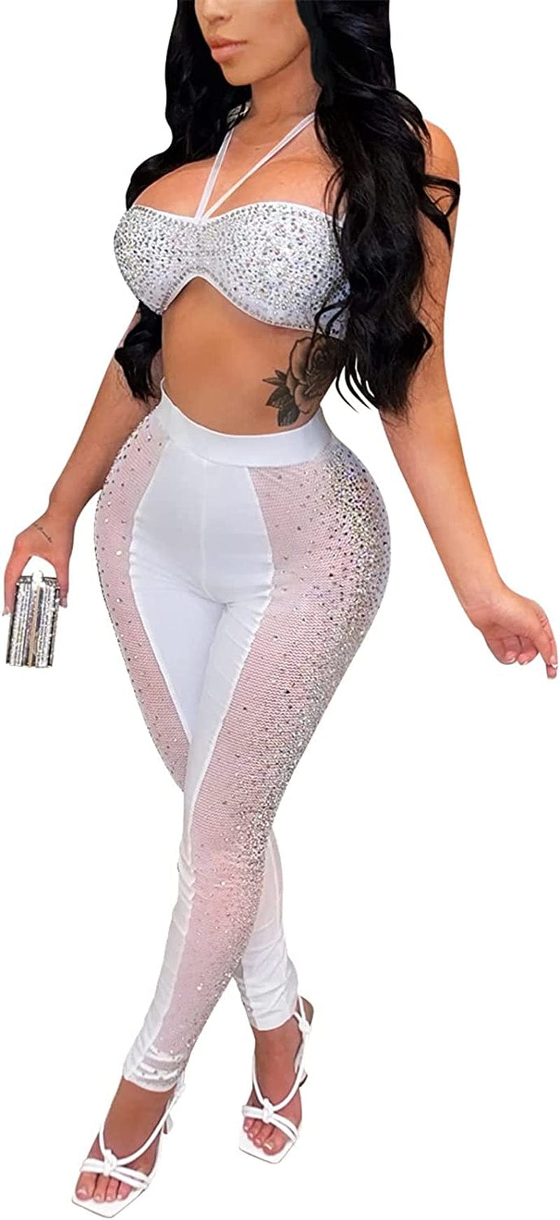 Womens Sexy 2 Pieces Mesh Rhinestone Crop Tops Shirts Bodycon Pants Party Clubwear Tracksuit Outfits Set White-3 / X-Large