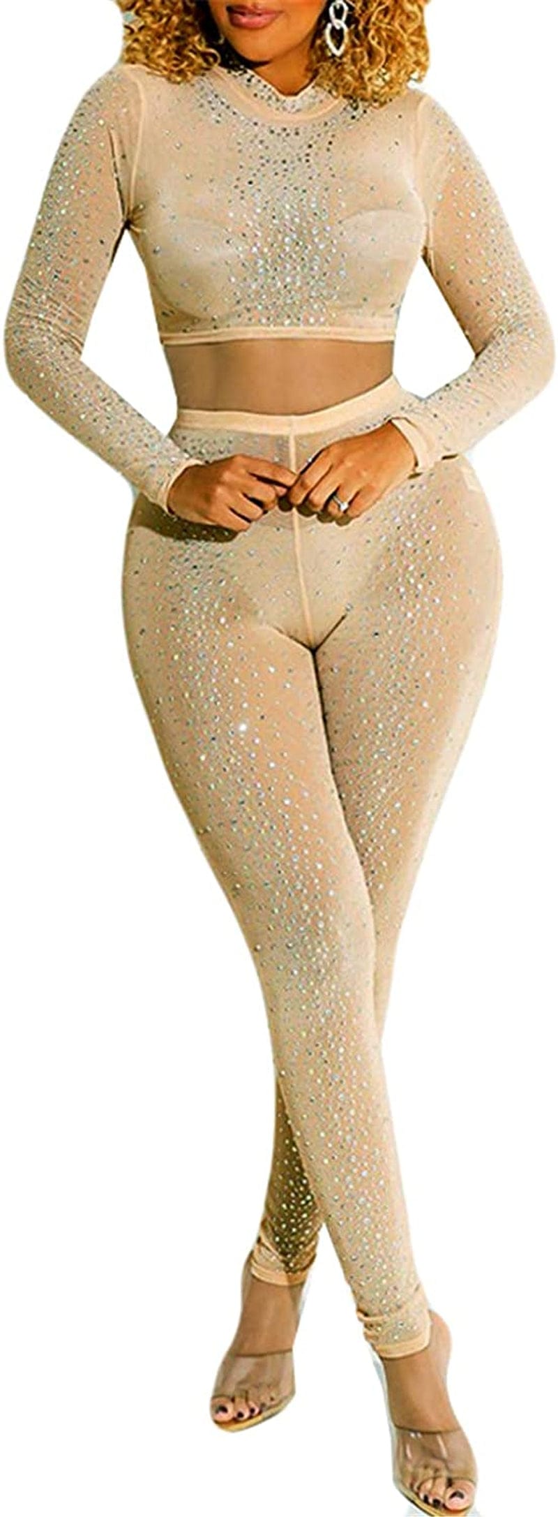 Womens Sexy 2 Pieces Mesh Rhinestone Crop Tops Shirts Bodycon Pants Party Clubwear Tracksuit Outfits Set Apricot-2 / XX-Large