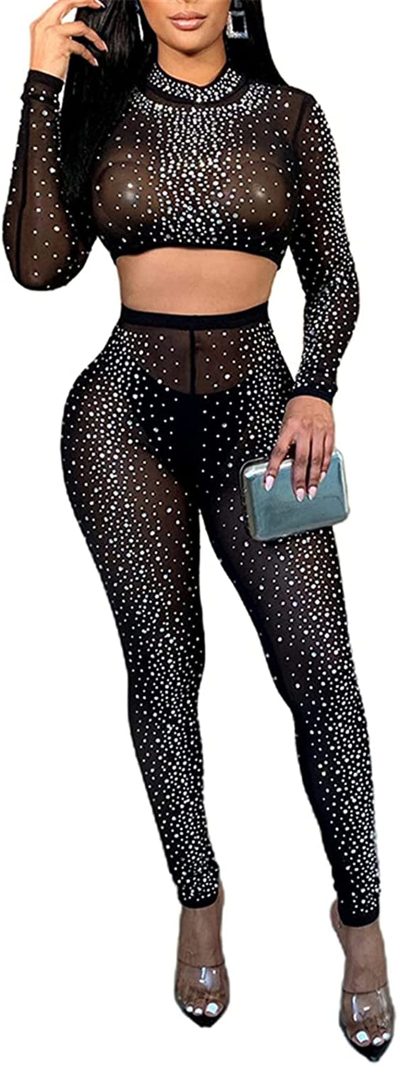 Womens Sexy 2 Pieces Mesh Rhinestone Crop Tops Shirts Bodycon Pants Party Clubwear Tracksuit Outfits Set Black-2 / X-Large