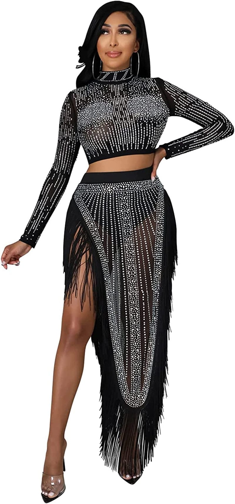Womens Sexy 2 Pieces Mesh Rhinestone Crop Tops Shirts Bodycon Pants Party Clubwear Tracksuit Outfits Set Tassel Black / XX-Large