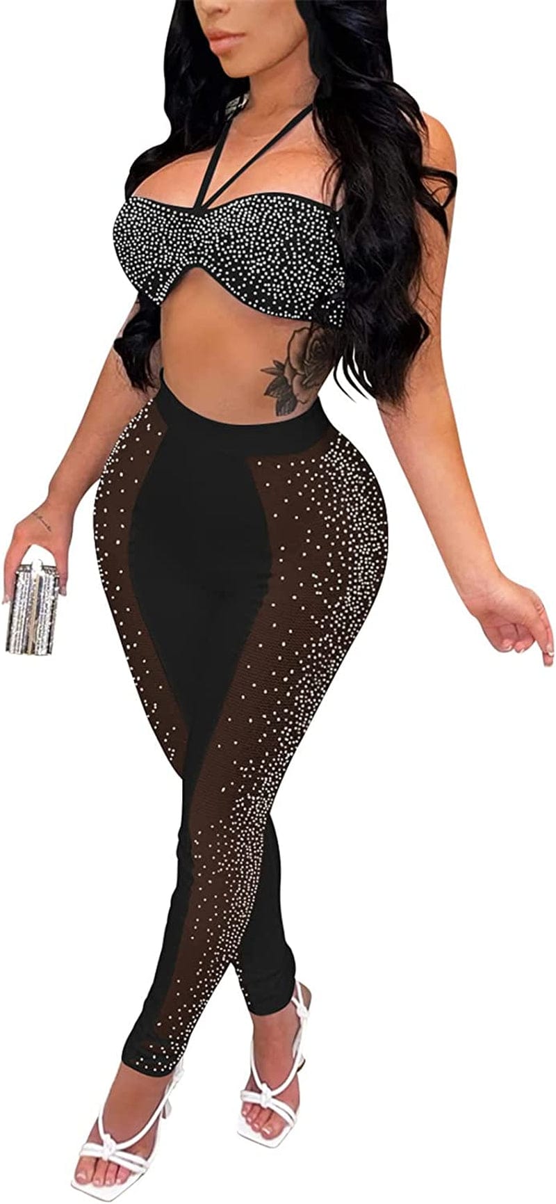 Womens Sexy 2 Pieces Mesh Rhinestone Crop Tops Shirts Bodycon Pants Party Clubwear Tracksuit Outfits Set Black-3 / X-Large