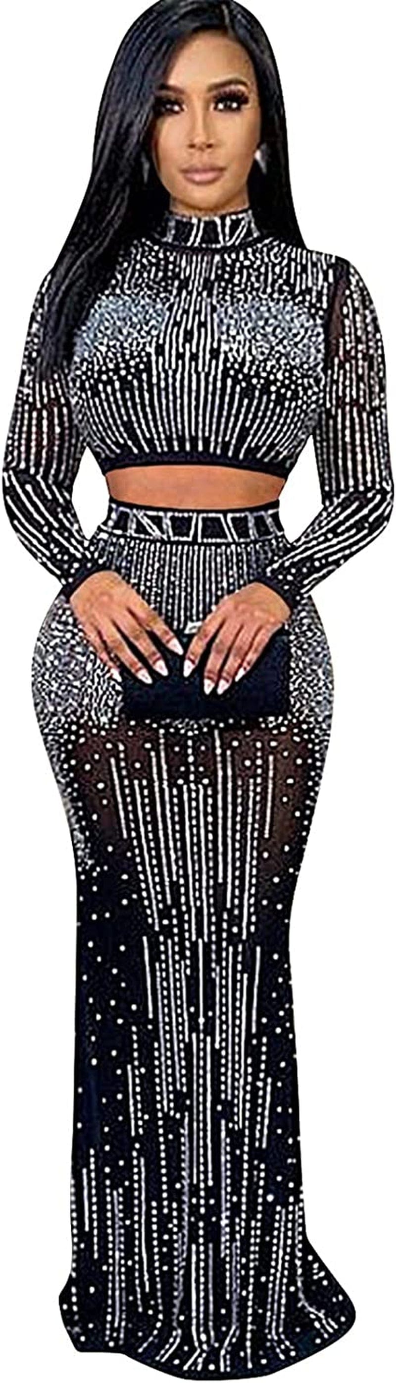 Womens Sexy 2 Pieces Mesh Rhinestone Crop Tops Shirts Bodycon Pants Party Clubwear Tracksuit Outfits Set Dress Black / X-Large