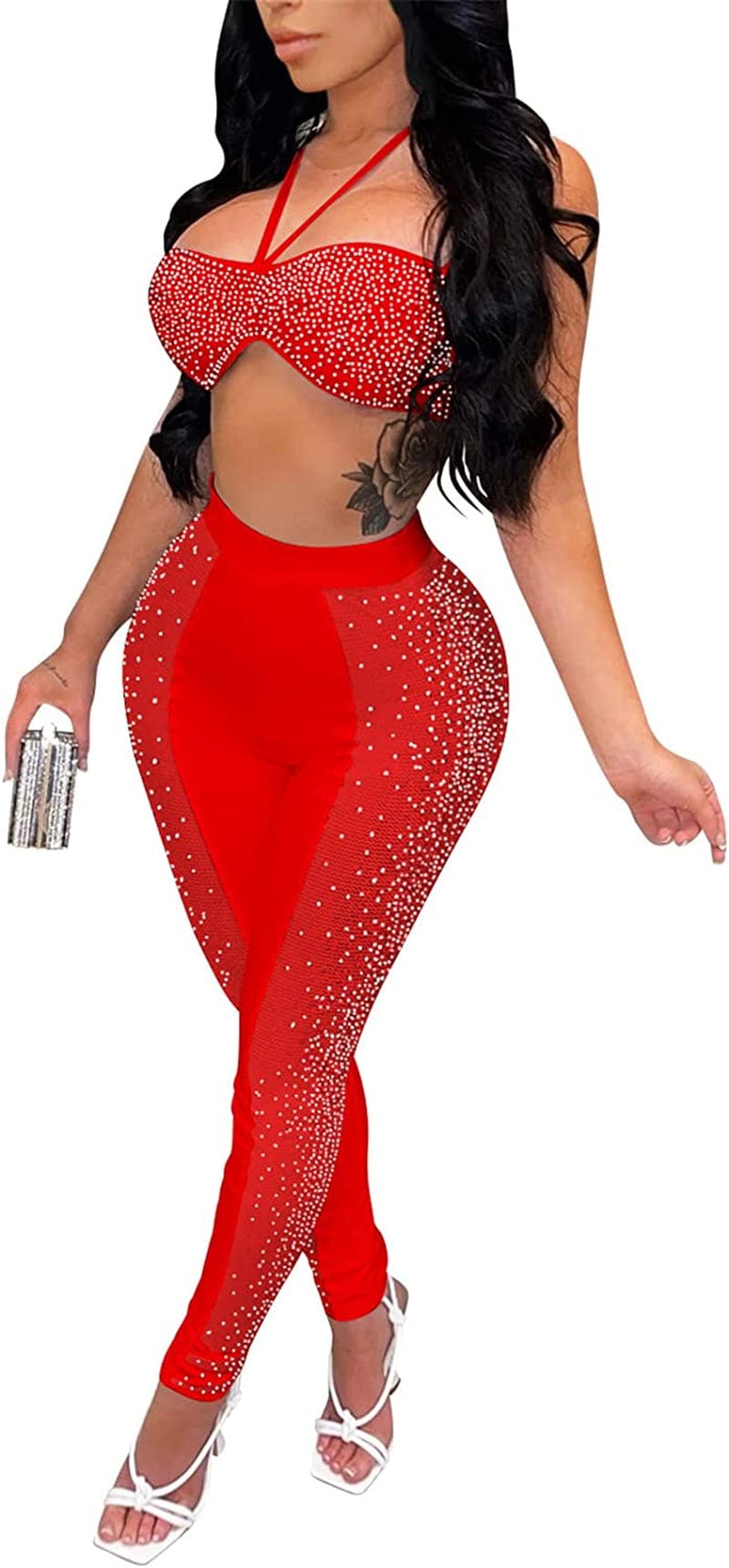 Womens Sexy 2 Pieces Mesh Rhinestone Crop Tops Shirts Bodycon Pants Party Clubwear Tracksuit Outfits Set Red-3 / XX-Large