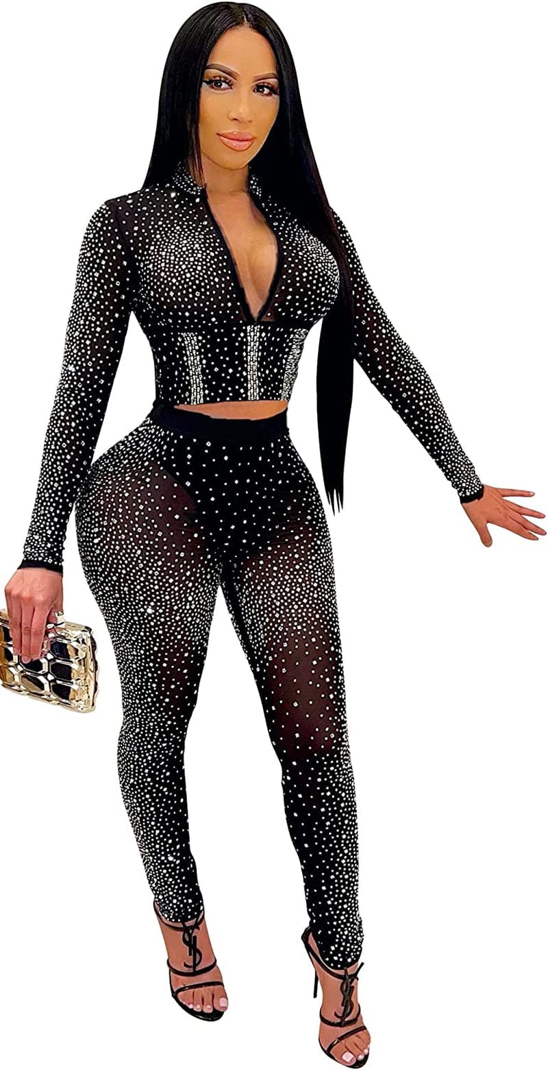 Womens Sexy 2 Pieces Mesh Rhinestone Crop Tops Shirts Bodycon Pants Party Clubwear Tracksuit Outfits Set Black / X-Large