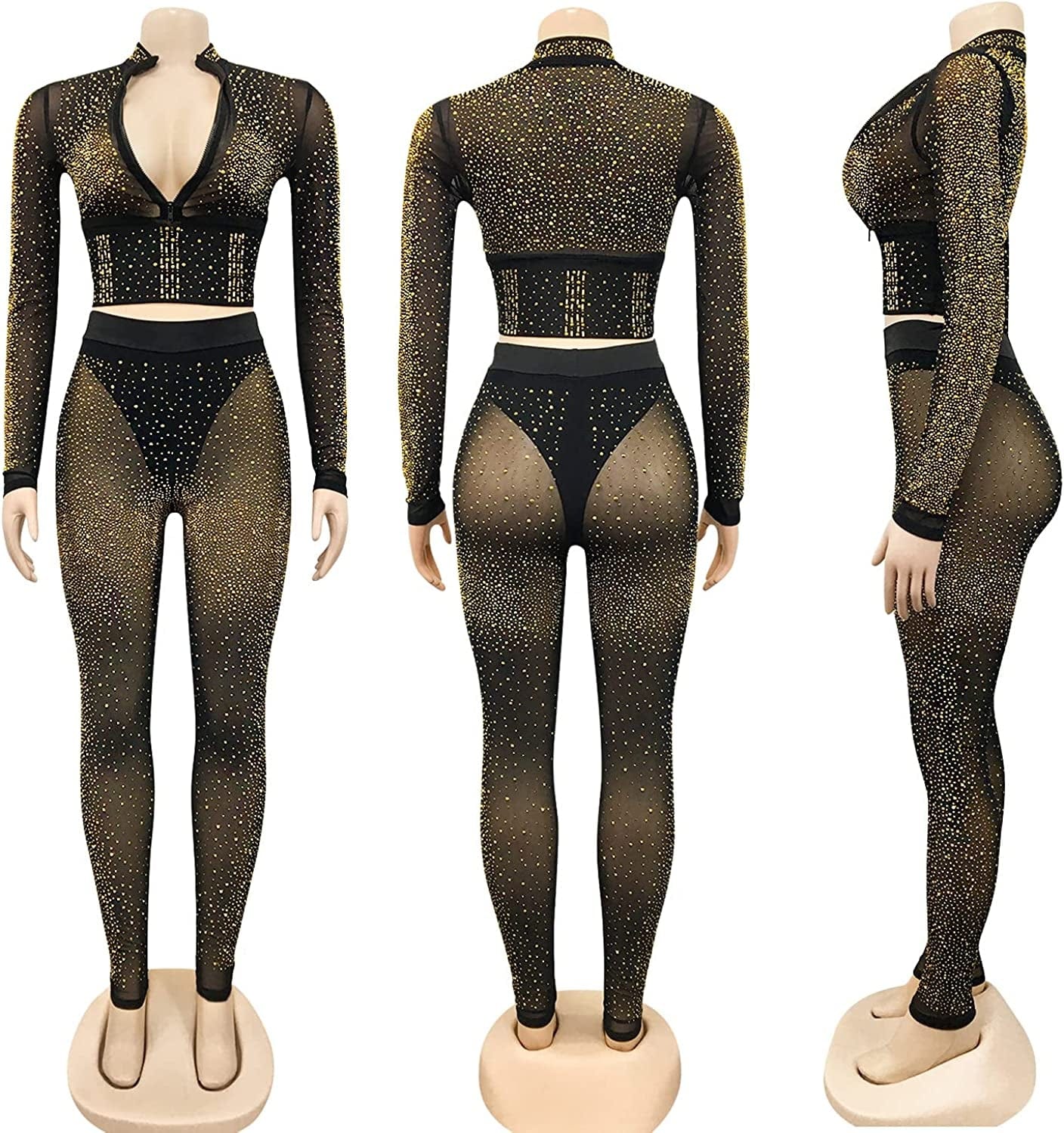 Womens Sexy 2 Pieces Mesh Rhinestone Crop Tops Shirts Bodycon Pants Party Clubwear Tracksuit Outfits Set