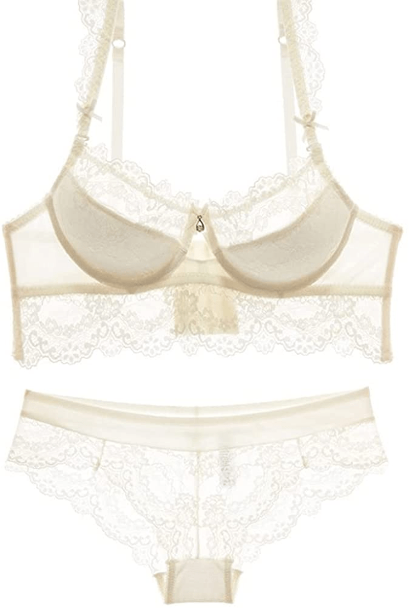 Womens Sexy Embroidery Lace Plunge Push up Bra Set Underwear and Panties Set Apparel & Accessories > Clothing > Underwear & Socks > Lingerie Purplegrape Ivory (36) 36B