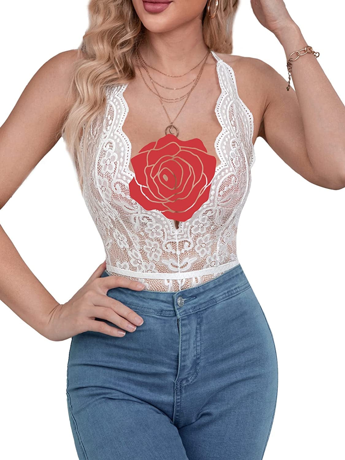 Womens Sexy Lingerie Deep V-Neck Lace Bodysuit Bridal Naugthy Teddy Lingerie Body Suits Tops Outfits V-white / Large