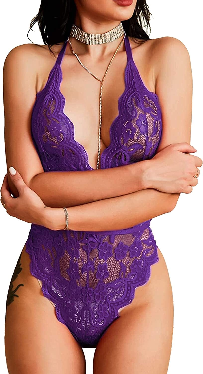 Womens Sexy Lingerie Deep V-Neck Lace Bodysuit Bridal Naugthy Teddy Lingerie Body Suits Tops Outfits Purple / XX-Large