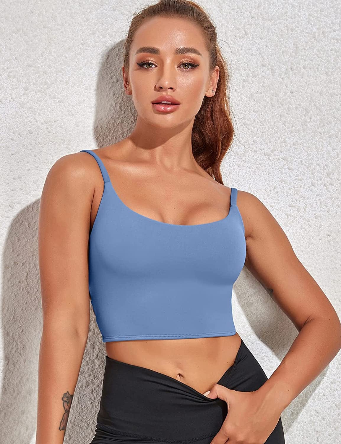 Womens Sexy Longline Sports Bra Yoga Workout Crop Tops Wirefree Padded Tank Top with Built in Bra