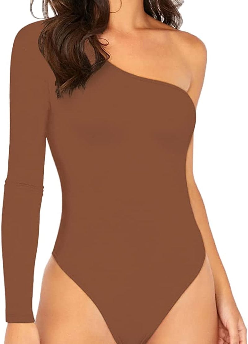 Womens Sexy One Shoulder Long Sleeve Bodysuit Tops Scoop Neck Jumpsuits A-brown / Large