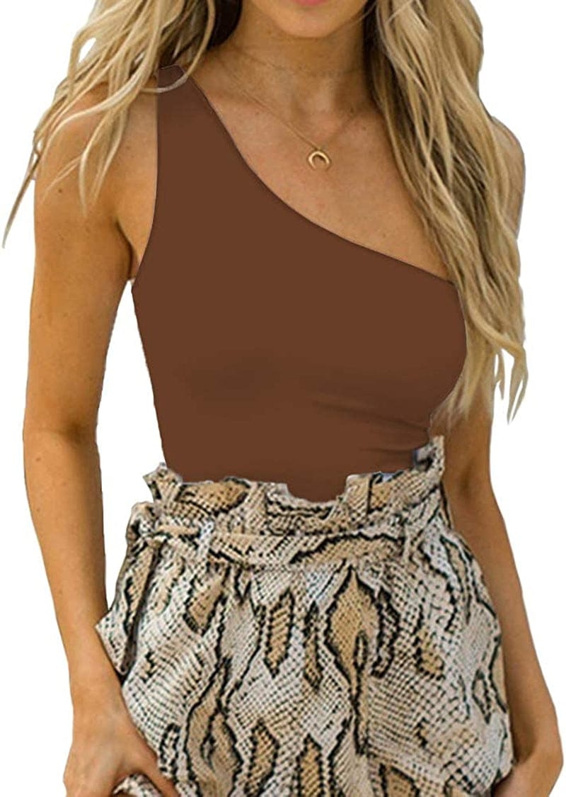 Womens Sexy One Shoulder Long Sleeve Bodysuit Tops Scoop Neck Jumpsuits B-brown / Small
