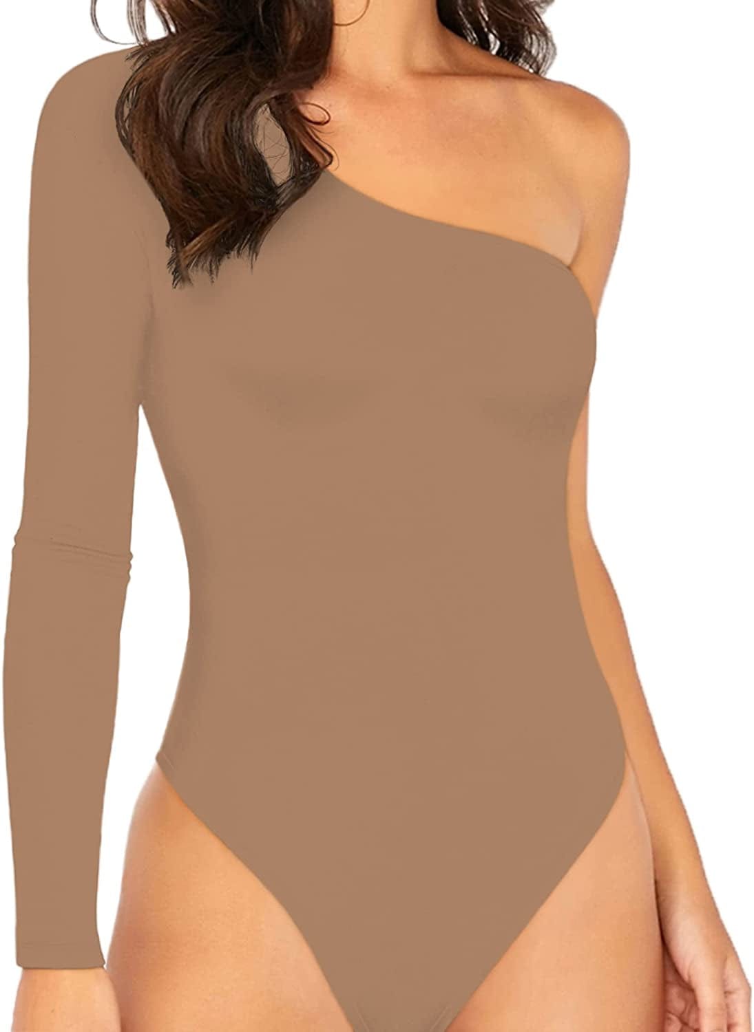 Womens Sexy One Shoulder Long Sleeve Bodysuit Tops Scoop Neck Jumpsuits A-mocha / Small