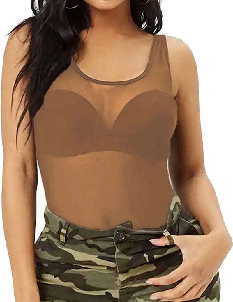 Womens Sheer Mesh Tank Tops, See through Scoop Neck Blouses, Sleeveless Sexy Tops Coffee / Small