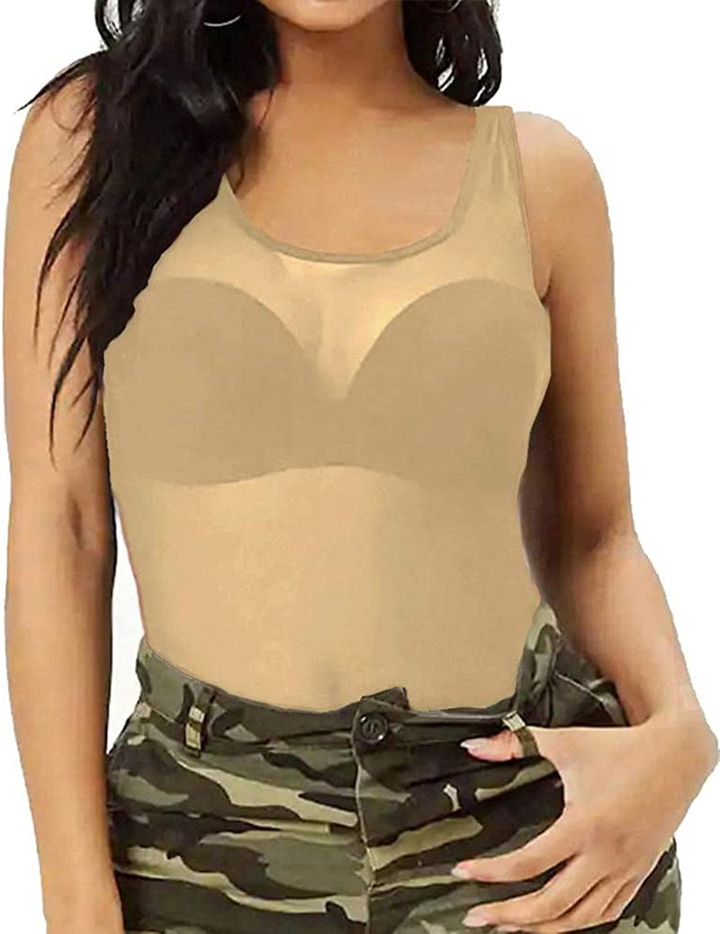Womens Sheer Mesh Tank Tops, See through Scoop Neck Blouses, Sleeveless Sexy Tops Nude / X-Large