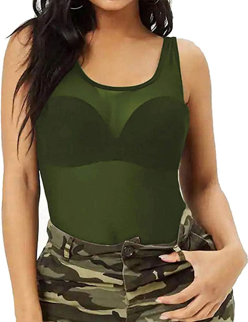 Womens Sheer Mesh Tank Tops, See through Scoop Neck Blouses, Sleeveless Sexy Tops Blackish Green / Small