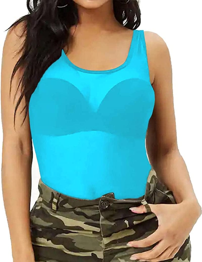 Womens Sheer Mesh Tank Tops, See through Scoop Neck Blouses, Sleeveless Sexy Tops Wathet / Large