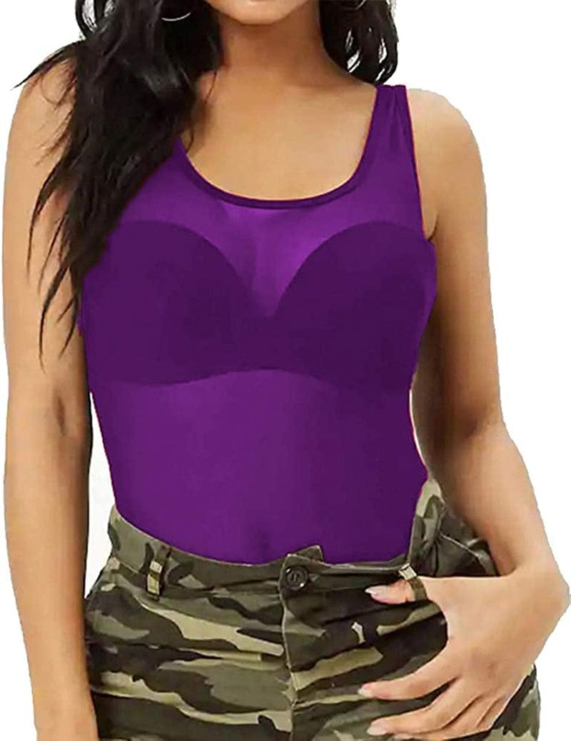 Womens Sheer Mesh Tank Tops, See through Scoop Neck Blouses, Sleeveless Sexy Tops Purple / X-Large