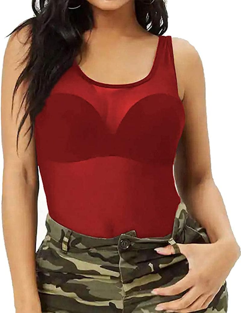 Womens Sheer Mesh Tank Tops, See through Scoop Neck Blouses, Sleeveless Sexy Tops Wine Red / X-Large