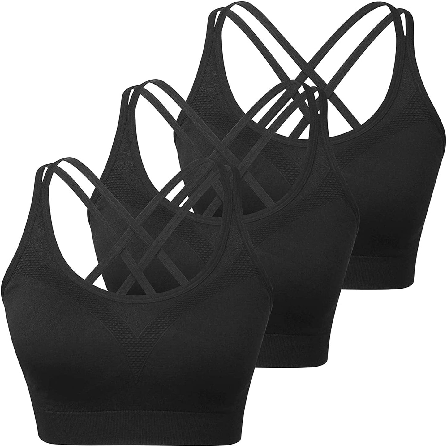 Womens Sports Bras - Cross Back Padded Wirefree Comfort Workout Bras for Yoga Fitness 3 Pack B 3 Pack Black / Small