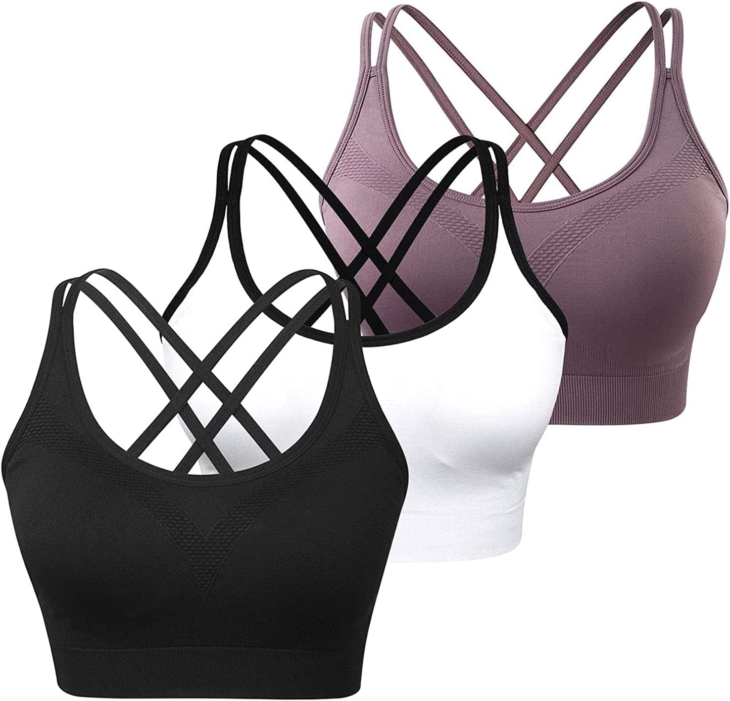 Womens Sports Bras - Cross Back Padded Wirefree Comfort Workout Bras for Yoga Fitness 3 Pack 3 Pack(black/White/Purple) / X-Large