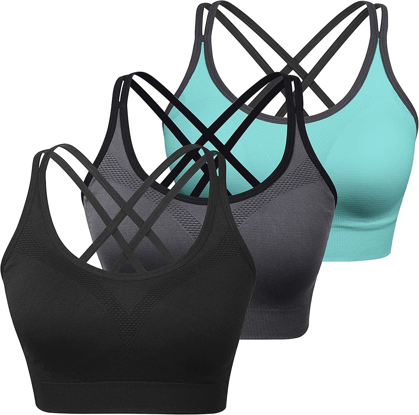 Womens Sports Bras - Cross Back Padded Wirefree Comfort Workout Bras for Yoga Fitness 3 Pack B 3 Pack(black/Grey/Blue) / Small