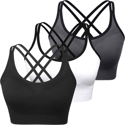 Womens Sports Bras - Cross Back Padded Wirefree Comfort Workout Bras for Yoga Fitness 3 Pack B 3 Pack Black/White/Grey / X-Large