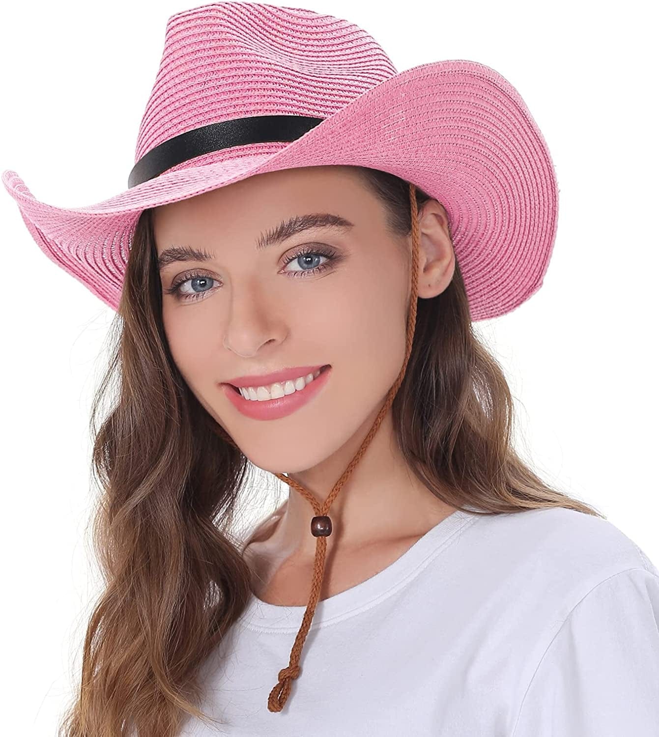 Womens Straw Cowboy Hat Shapeable Floppy Sun Hat Wide Birm Fedora Panama Hat for Beach Apparel & Accessories > Clothing Accessories > Hats EINSKEY Pink