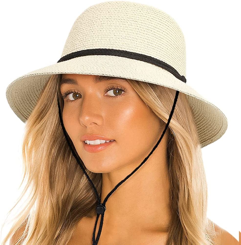 Womens Sun Bucket Straw Hats with Lanyard Foladable Summer Beach Hat Portable UPF 50+ Fishing Safari Garden Hat Apparel & Accessories > Clothing Accessories > Hats Lvaiz Milk White One Size