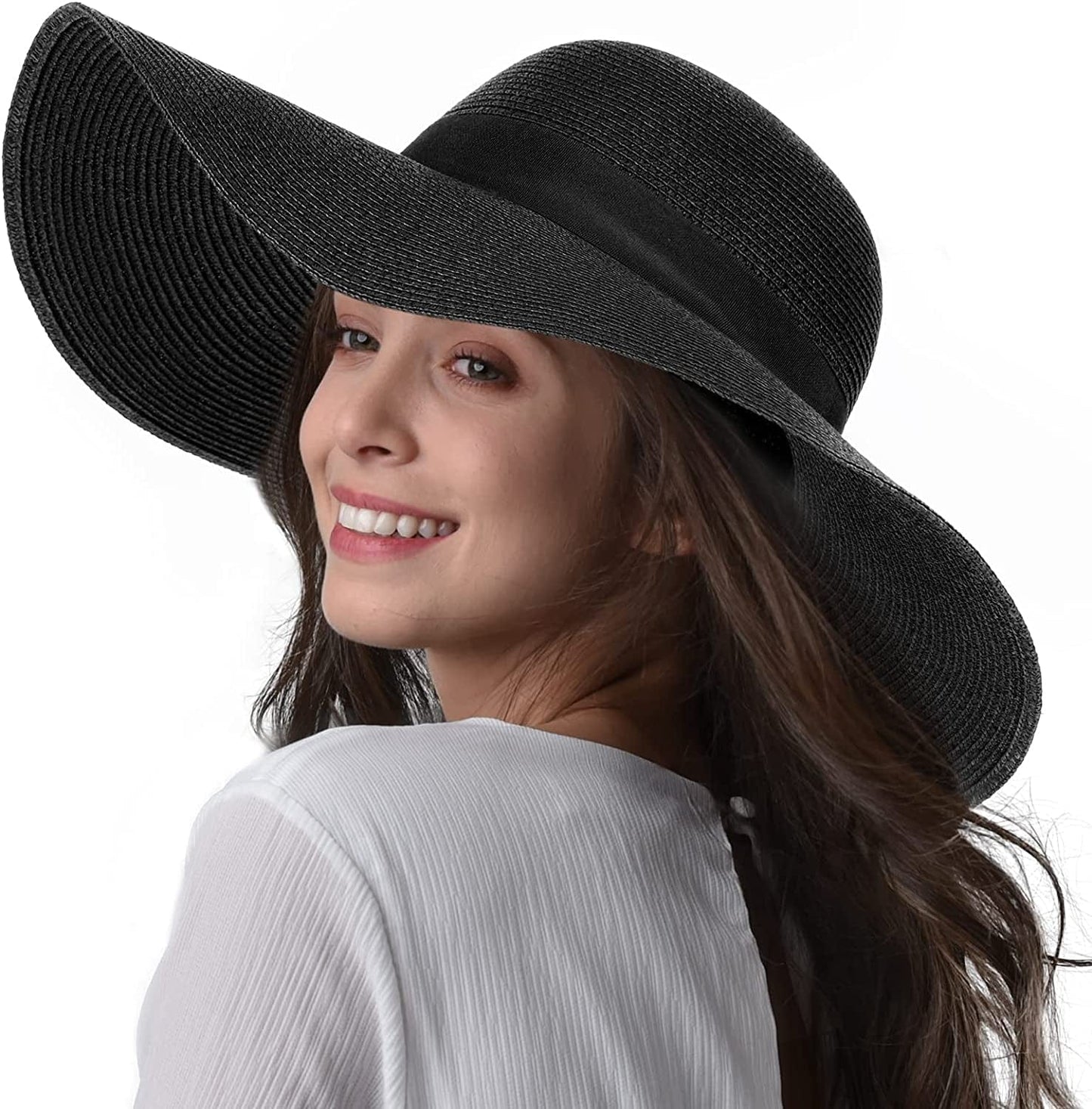 Womens Sun Straw Hat Wide Brim UPF 50 Summer Hat Foldable Roll up Floppy Beach Hats for Women Apparel & Accessories > Clothing Accessories > Hats KYLIE MAX Black Medium