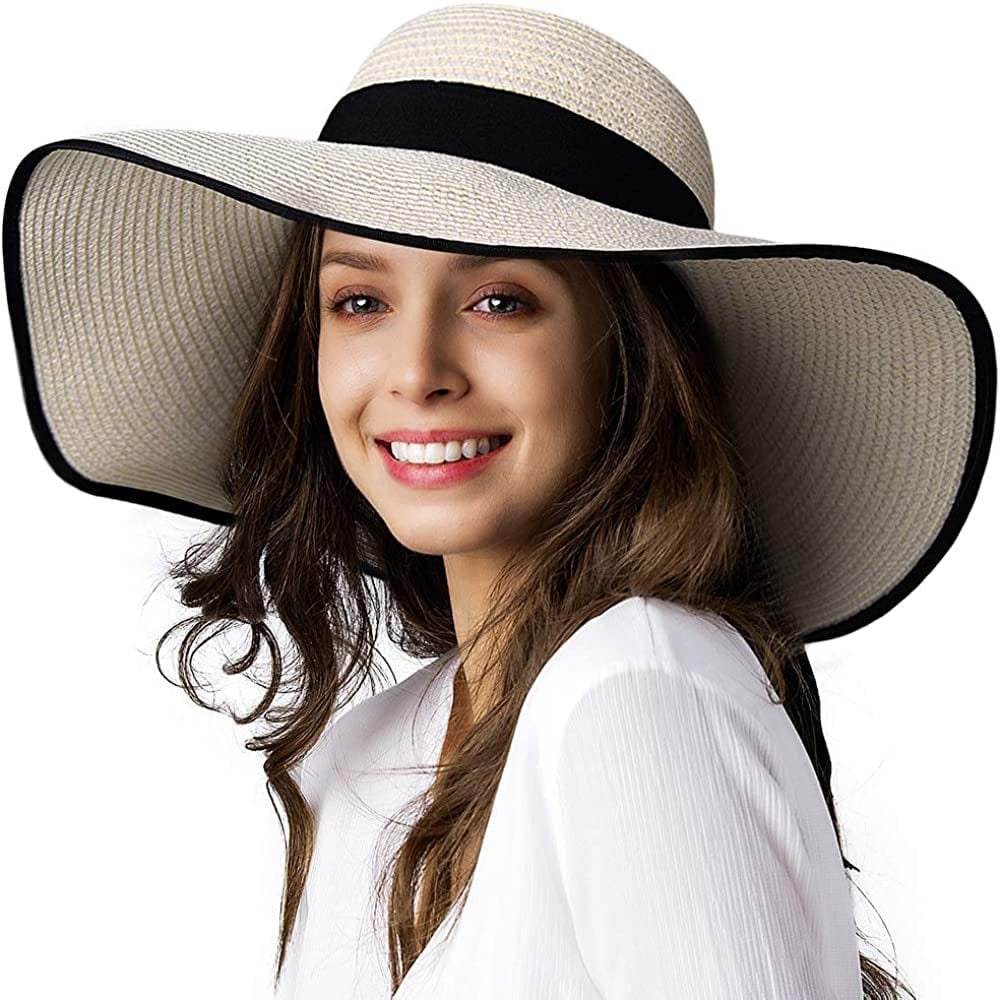 Womens Sun Straw Hat Wide Brim UPF 50 Summer Hat Foldable Roll up Floppy Beach Hats for Women Apparel & Accessories > Clothing Accessories > Hats KYLIE MAX Beige With Black Brim Medium