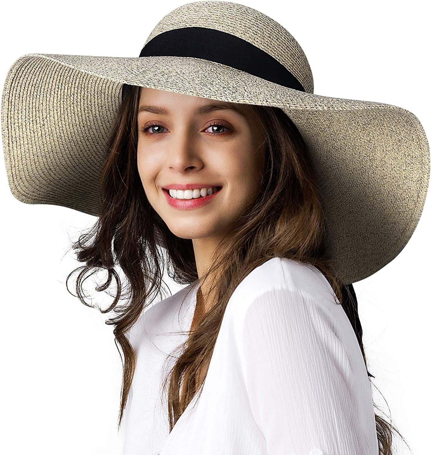 Womens Sun Straw Hat Wide Brim UPF 50 Summer Hat Foldable Roll up Floppy Beach Hats for Women Apparel & Accessories > Clothing Accessories > Hats KYLIE MAX Grey Medium