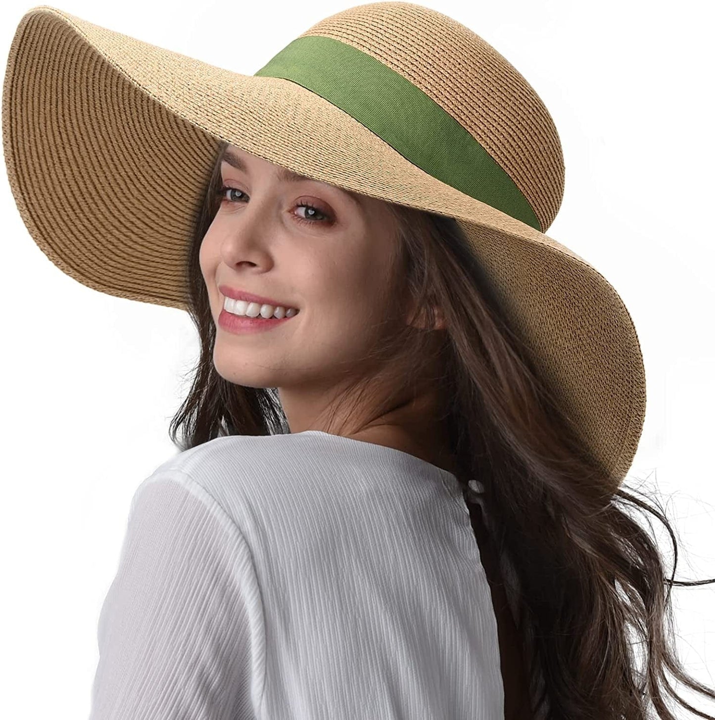 Womens Sun Straw Hat Wide Brim UPF 50 Summer Hat Foldable Roll up Floppy Beach Hats for Women Apparel & Accessories > Clothing Accessories > Hats KYLIE MAX Khaki-green Medium