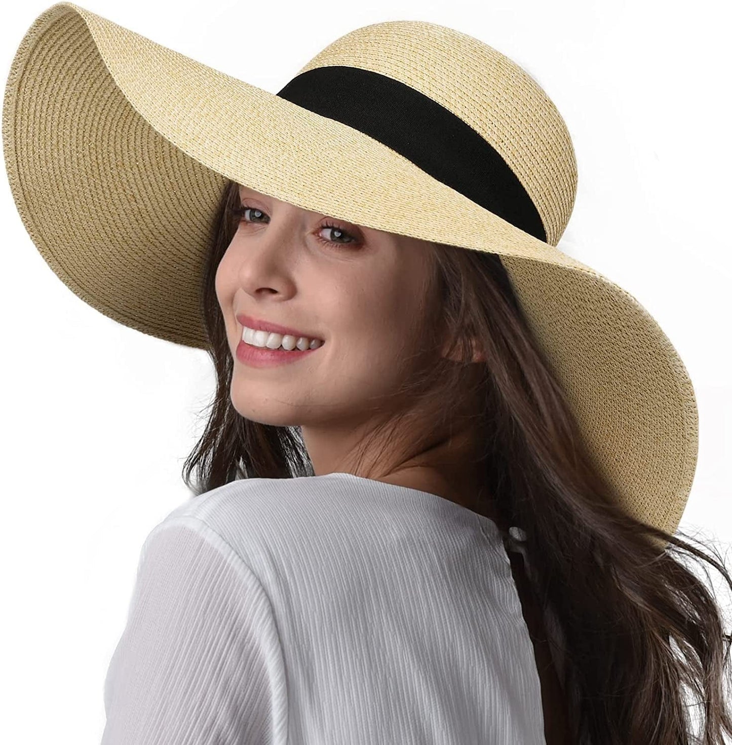 Womens Sun Straw Hat Wide Brim UPF 50 Summer Hat Foldable Roll up Floppy Beach Hats for Women Apparel & Accessories > Clothing Accessories > Hats KYLIE MAX Ad-printing Beige Large