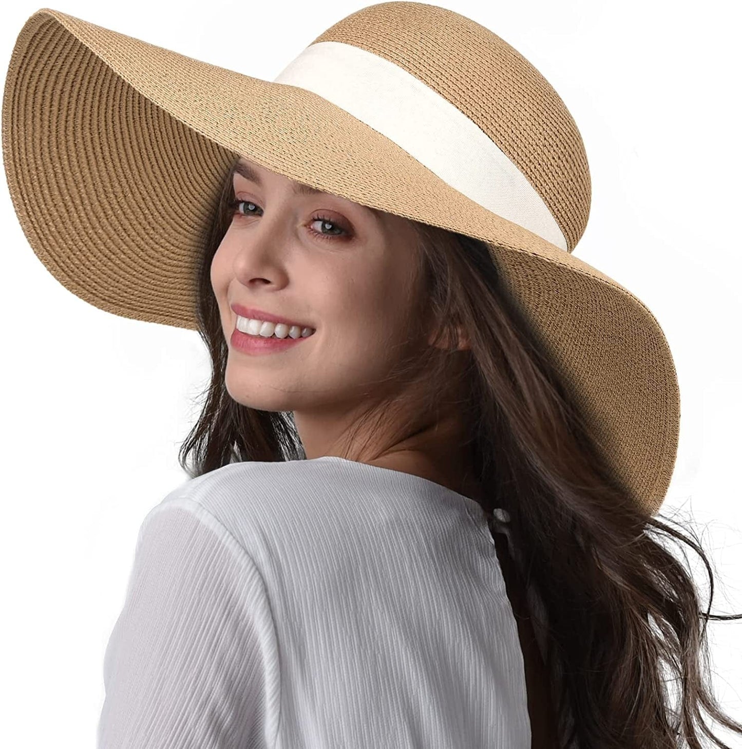 Womens Sun Straw Hat Wide Brim UPF 50 Summer Hat Foldable Roll up Floppy Beach Hats for Women Apparel & Accessories > Clothing Accessories > Hats KYLIE MAX Khaki-beige Medium