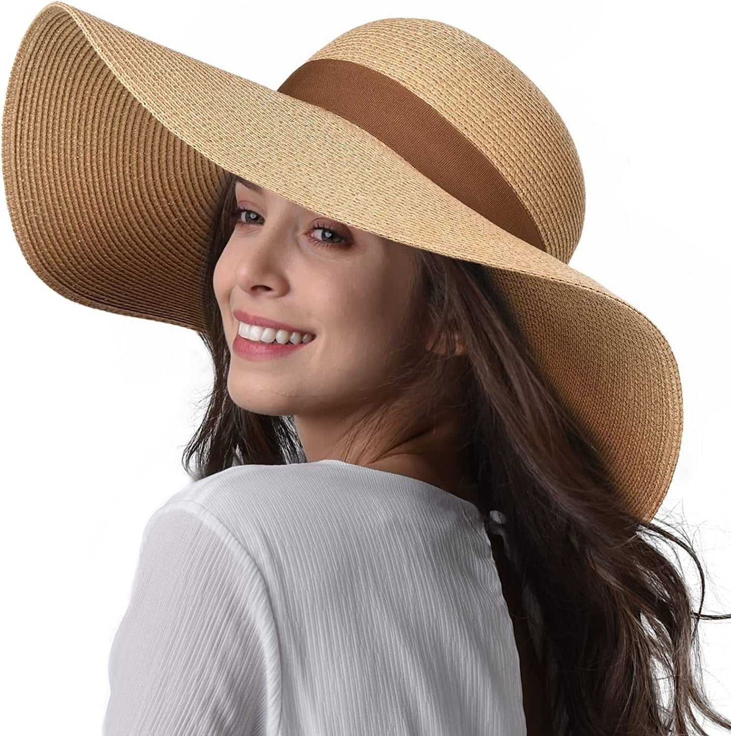 Womens Sun Straw Hat Wide Brim UPF 50 Summer Hat Foldable Roll up Floppy Beach Hats for Women Apparel & Accessories > Clothing Accessories > Hats KYLIE MAX Ae-khaki-dark Orange Large