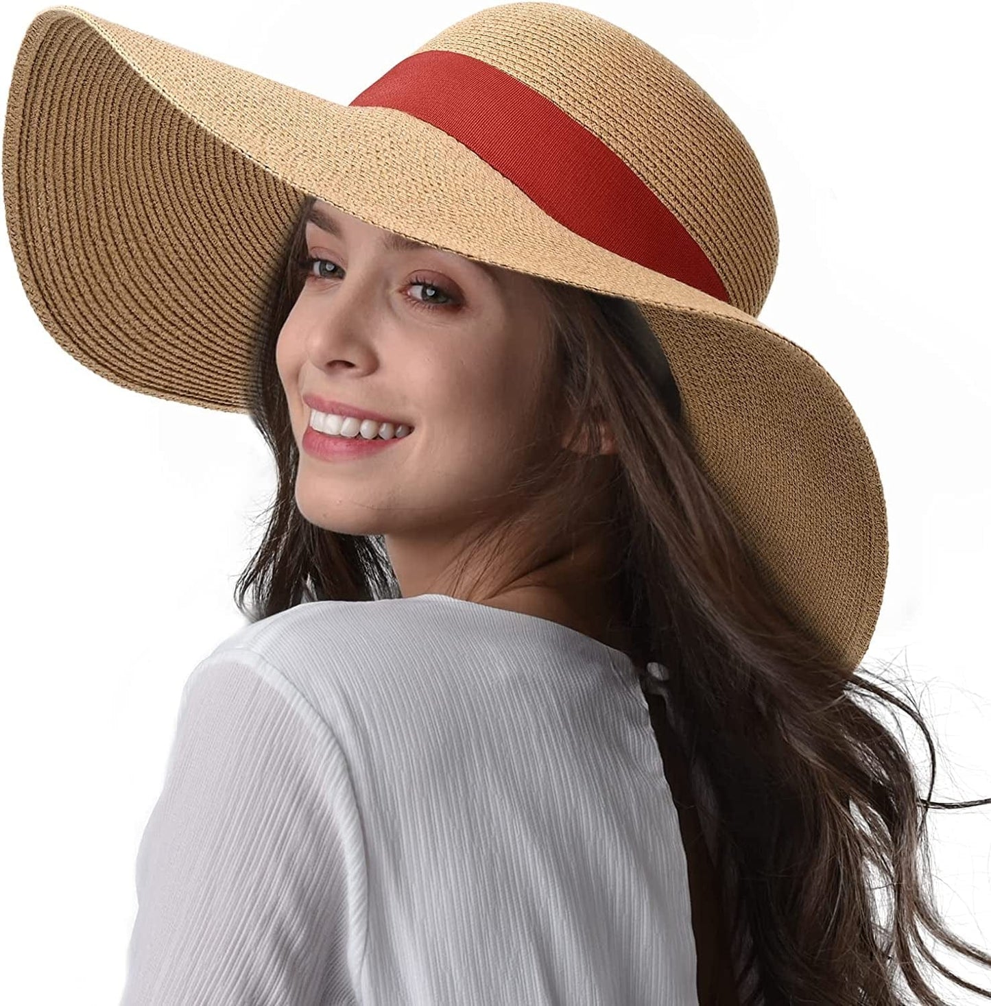 Womens Sun Straw Hat Wide Brim UPF 50 Summer Hat Foldable Roll up Floppy Beach Hats for Women Apparel & Accessories > Clothing Accessories > Hats KYLIE MAX Khaki-red Large