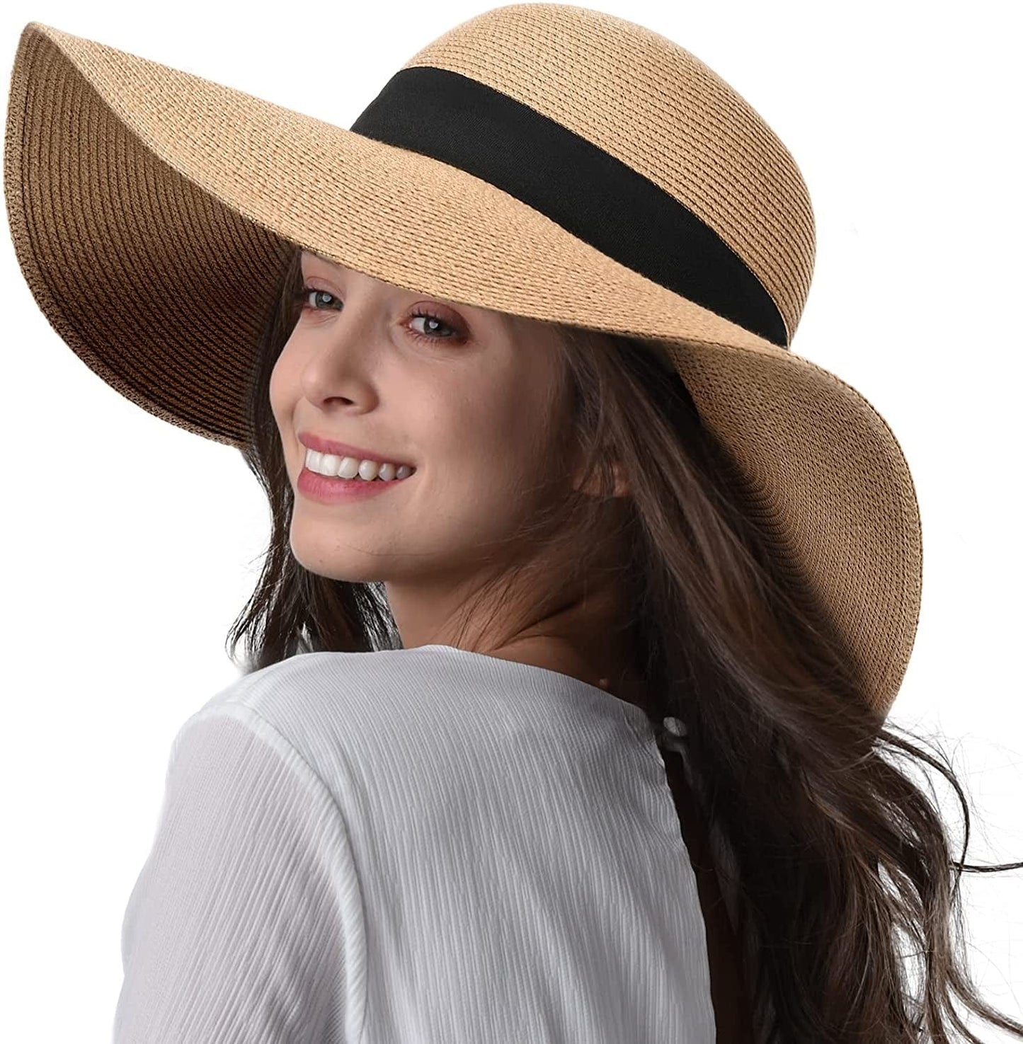Womens Sun Straw Hat Wide Brim UPF 50 Summer Hat Foldable Roll up Floppy Beach Hats for Women Apparel & Accessories > Clothing Accessories > Hats KYLIE MAX Ab-khaki Medium