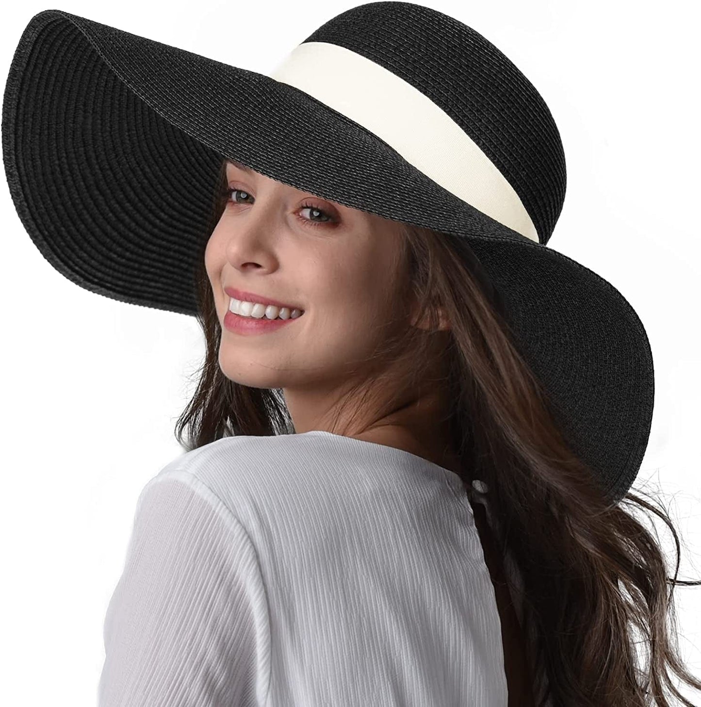 Womens Sun Straw Hat Wide Brim UPF 50 Summer Hat Foldable Roll up Floppy Beach Hats for Women Apparel & Accessories > Clothing Accessories > Hats KYLIE MAX Black-beige Large