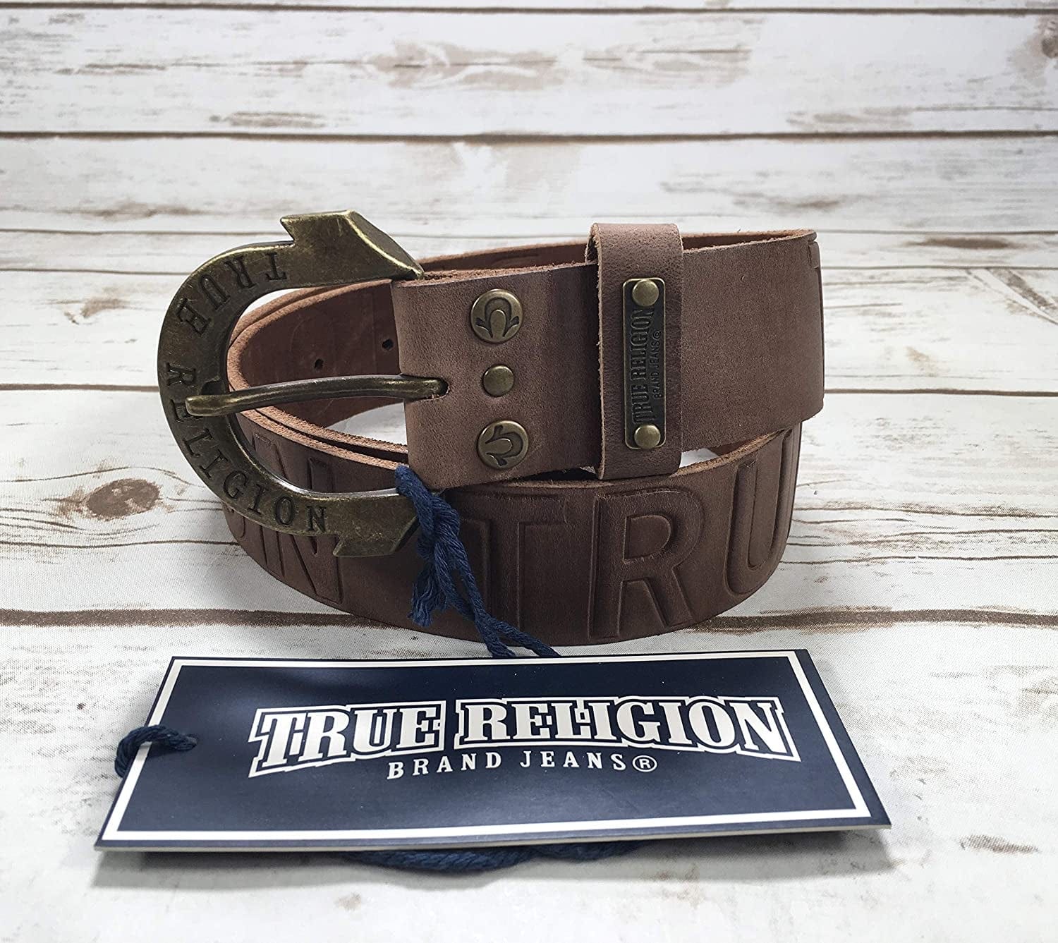 Womens True Religion Jeans Leather Belt Brown Embossed Logo Hardware Horseshoe Buckle Apparel & Accessories > Clothing Accessories > Belts True Religion