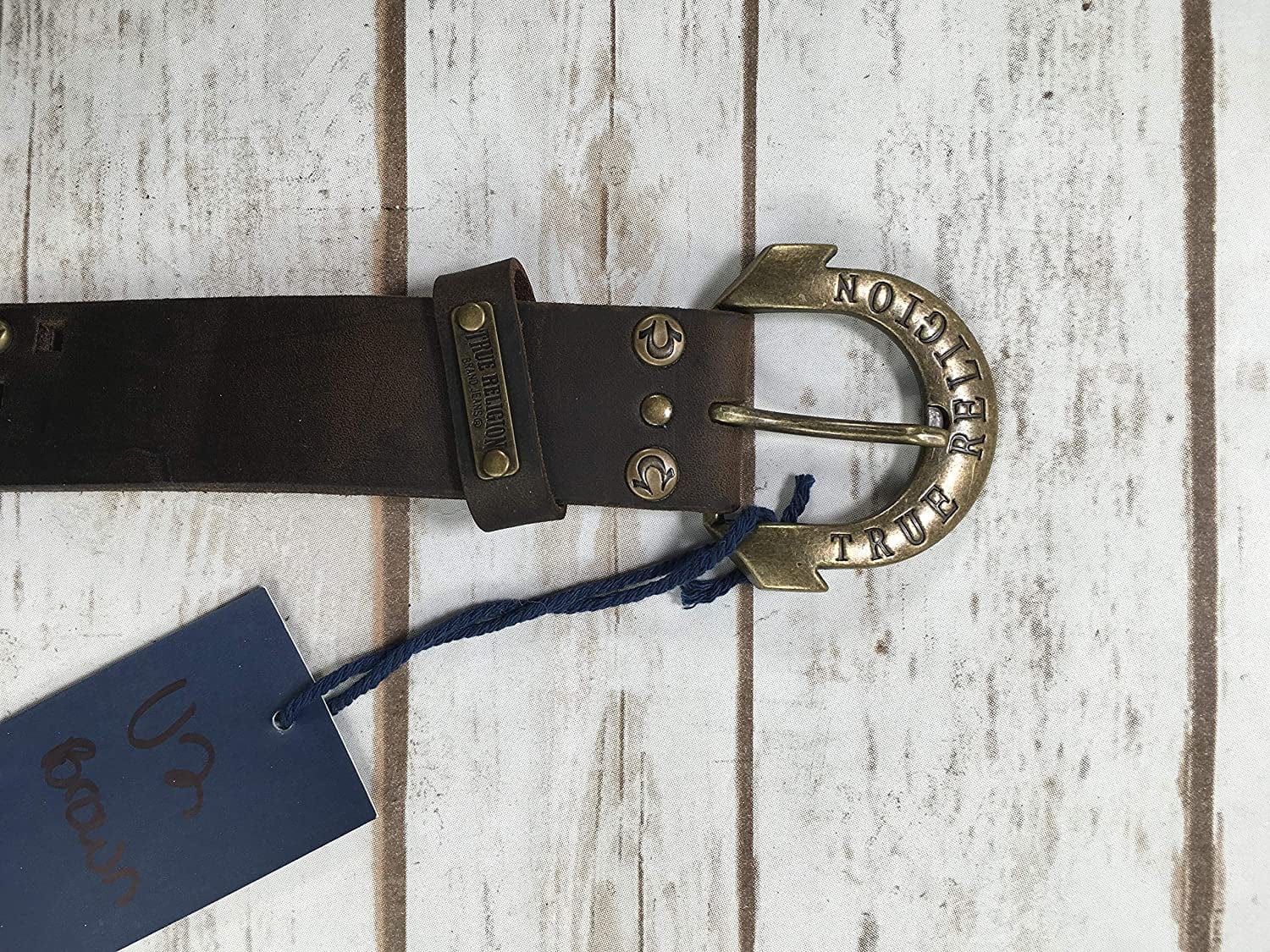 Womens True Religion Jeans Leather Belt Brown Studded Buddha Hardware Logo Horseshoe Buckle Apparel & Accessories > Clothing Accessories > Belts True Religion