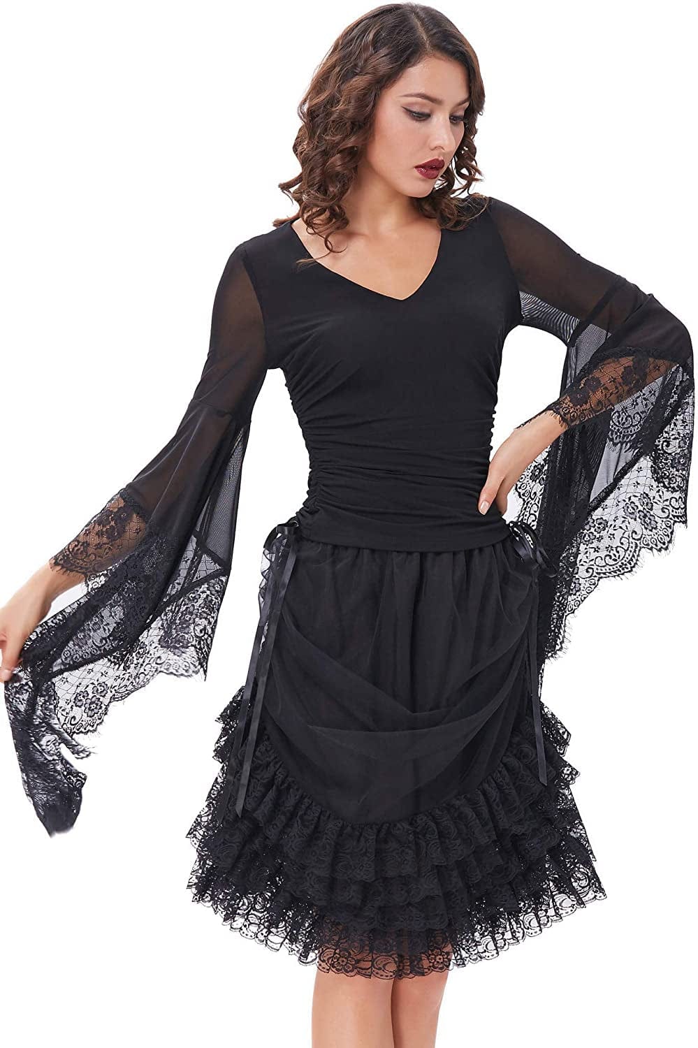 Womens Vintage Gothic Shirt Splice Sheer Sleeve Irregular Top Blouse