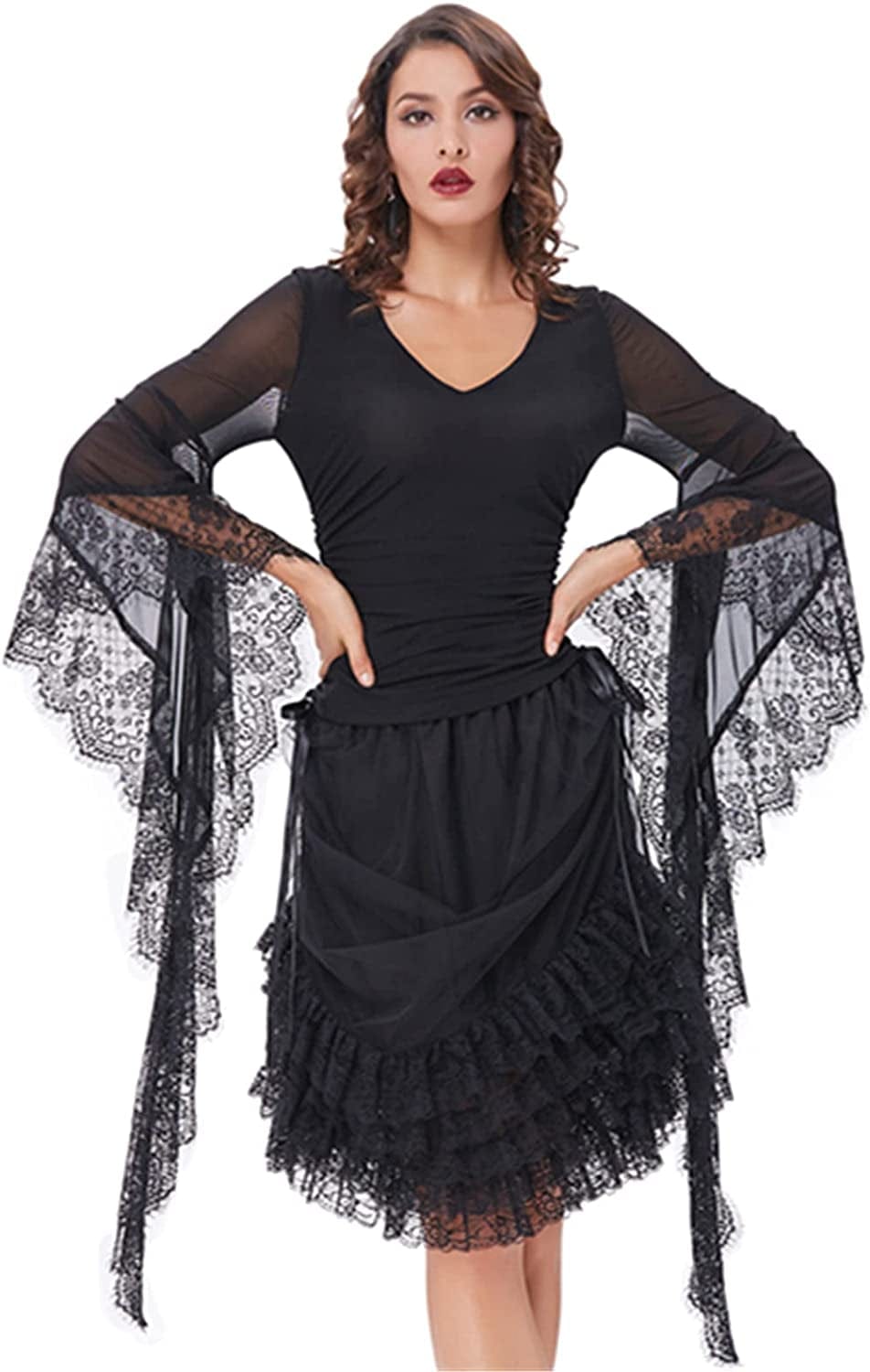 Womens Vintage Gothic Shirt Splice Sheer Sleeve Irregular Top Blouse
